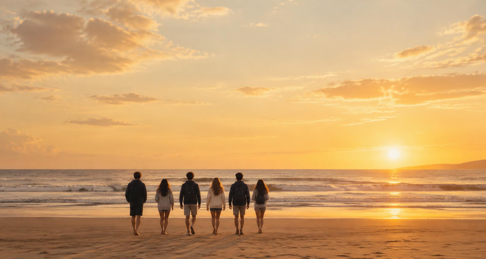 A group of teenage students walking towards the sea at sunset