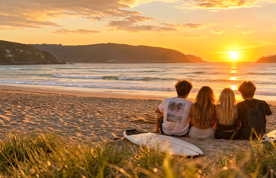 Four students sitting together on the beach at golden sunset