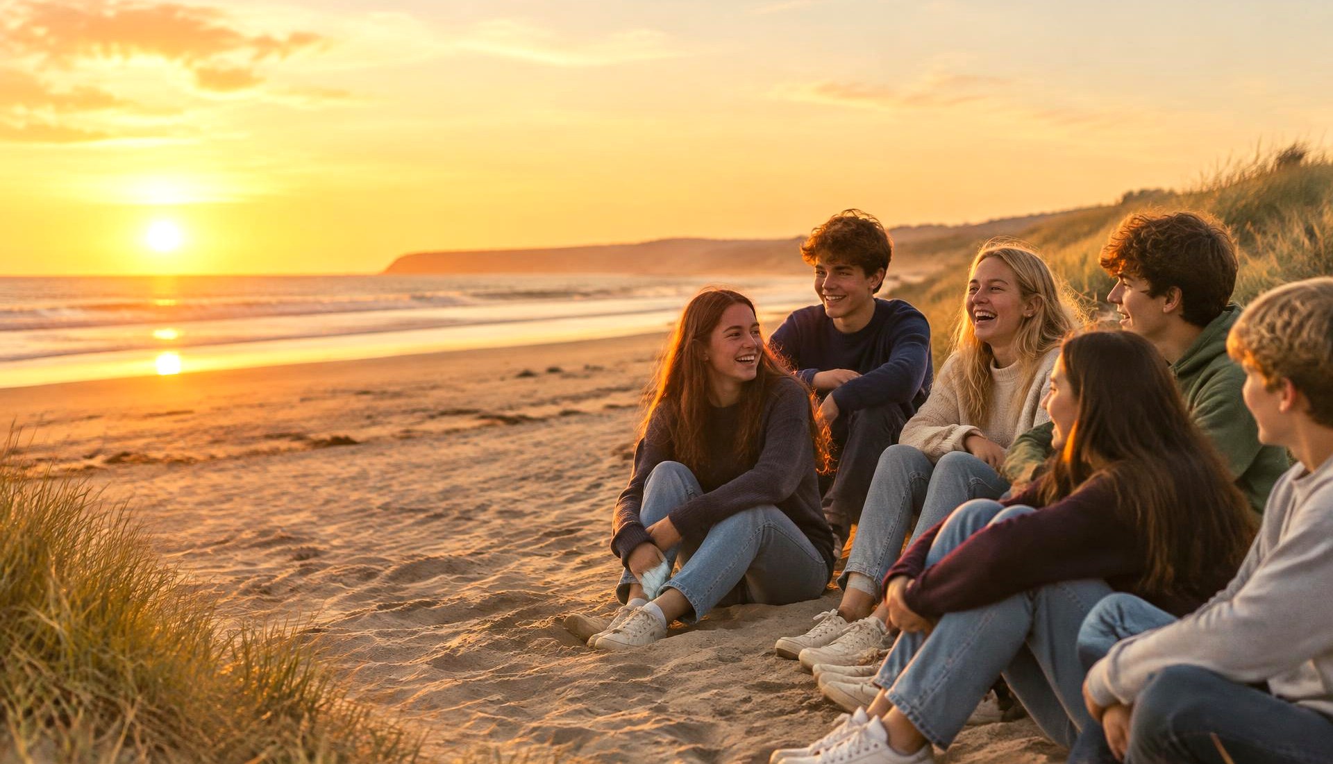 A group of teenagers sitting together on the beach at sunset, laughing and feeling free